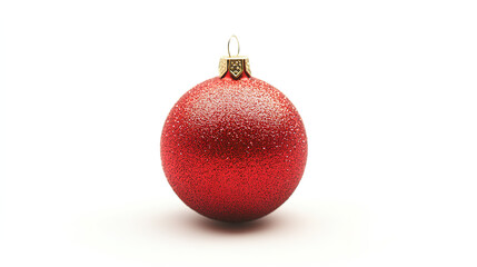 A close-up of a single red, glittery Christmas ornament isolated on a white background.