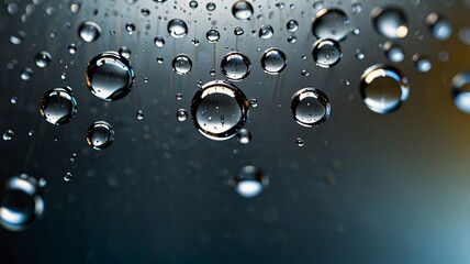 macro shot of water droplets on a smooth glass surface, with each droplet reflecting light and creating abstract patterns.