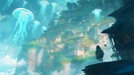 Obraz premium futuristic sea village nestled near a towering mountain cliff, featuring unique architecture and a vintage train station.sky, and glowing flying fish soar over the ocean.