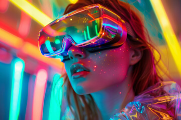 Obraz premium Fashion model person wearing futuristic shiny glamorous VR goggles watching cyberpunk video, Generative AI