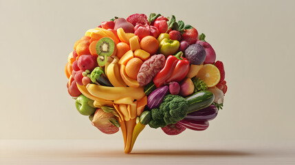 Healthy brain food colorful fruits and vegetables omega.Colorful vegetable arrangement resembling a brain on a white background showcases creativity and healthy eating ideas