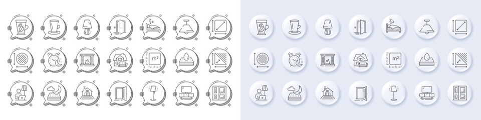 Circle area, Entrance and Square meter line icons. White pin 3d buttons, chat bubbles icons. Pack of Waterproof mattress, Tv stand, Triangle area icon. Vector