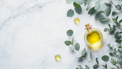 Bottle of olive oil surrounded by fresh eucalyptus leaves on marble background.