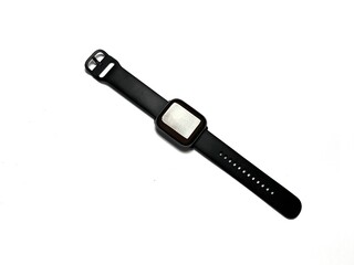 Black smart watch isolated on white background. Smartwatch with black strap Copy space for text.