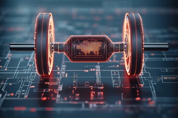 Futuristic weightlifting barbell on a digital circuit background, symbolizing strength and innovation.