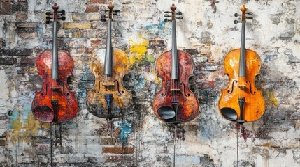 Naklejka premium Four Violins Hanging on a Brick Wall