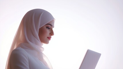 Moderne Geschäftsfrau im stylischen Hijab, die digitale Technologie für den professionellen Einsatz nutzt