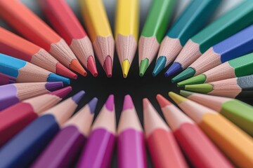 Fototapeta premium Colorful pencils arranged in a circular pattern on a dark background