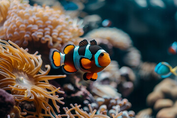 A fantastically beautiful bright clownfish swims in sea among the corals