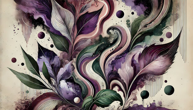 abstract art featuring purple basil tones with accents of green, white, and black. 