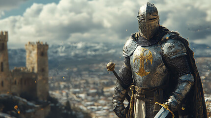 Naklejka premium A knight in shining armor stands guard on a hilltop overlooking a medieval city, his sword drawn and his gaze fixed on the horizon.