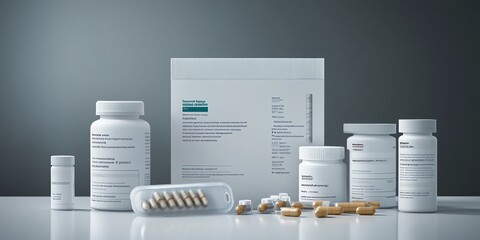 White supplement bottles with capsules and a box on a table.