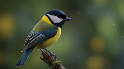 Naklejka premium A small, bright blue, yellow, and black bird with a white patch on its cheek perches on a branch with a green and yellow blurry background.