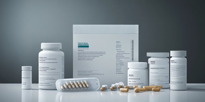 White supplement bottles with capsules and a box on a table.