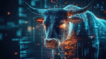cyber bull towering over a digital financial backdrop