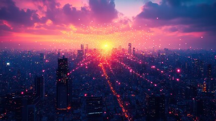 Fototapeta premium 5g connectivity concept featuring a cityscape at night,digital glowing connection lines illustrating a global futuristic network powered by smart technology.illustration