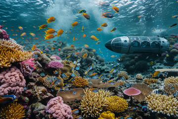 Beautiful large bathyscaphe floating in middle of ocean during exploration