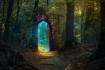 A fantastically beautiful door in forest leading to the unknown