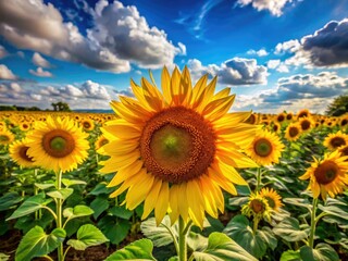 Obraz premium Vibrant Sunflower Fields Under Bright Blue Sky - High-Quality Images for Free Download and Use