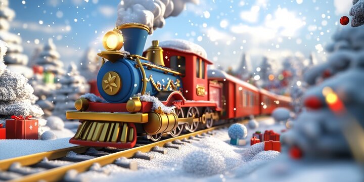 Festive 3D cartoon train overflowing with colorful gifts, journeying through a magical snowy landscape, evoking holiday cheer and joy