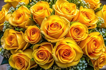 Naklejka premium Vibrant yellow rose bouquet, perfect for celebrations and weddings, brings warmth and joy to any occasion, enhancing floral decor with its stunning beauty and elegance.