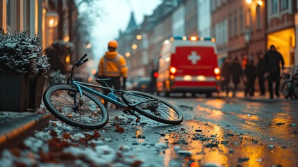 a chaotic scene of a bicycle accident on a busy urban street,a crumpled bike lying on the road emergency services attending to the incident and an ambulance parked nearby ready to assist.illustration