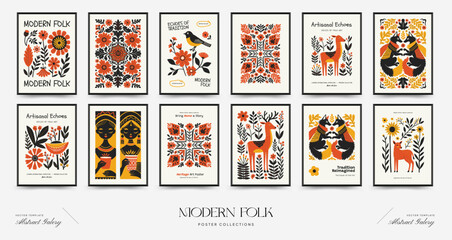 Abstract folk nordic art posters template. Modern trendy minimal style. Hand drawn design for wallpaper, wall decor, print, postcard, cover, template, banner.