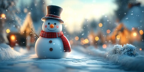 Charming snowman in a winter wonderland, adorned with a top hat and scarf, surrounded by snow-covered trees and sparkling snowflakes
