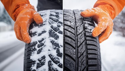 A split-view image showing the technician replacing both winter and summer tires, with one side displaying the snow-covered winter tire and the other the sleek summer tire
