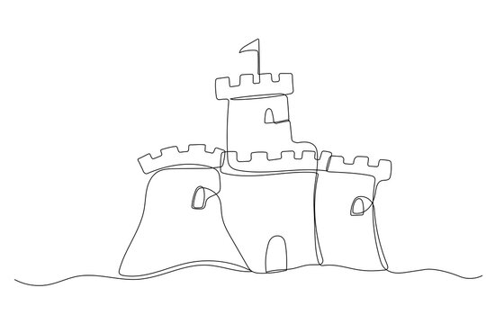 recommend clip art: Sand castle one continuous line illustration. Hand drawn doodle sketch
