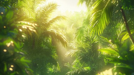 Fototapeta premium Lush Green Jungle with Sunlight Streaming Through Foliage