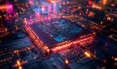 Obraz premium Futuristic AI Chip with Neon Circuits and Dynamic Data Streams in High-Tech Digital Environment