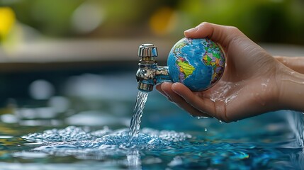 a close up image depicting a human hand and a water tap to save water symbolizing water conservation efforts,a small globe to emphasize global impact.stock image