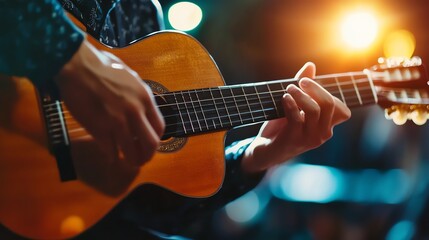 Obraz premium A man plays an acoustic guitar on a stage.