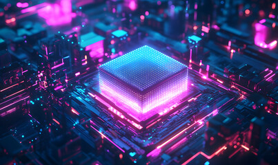 Futuristic AI Chip with Neon Circuits and Dynamic Data Streams in High-Tech Digital Environment