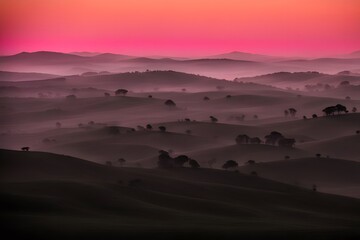 Naklejka premium A range of mountains in silhouette with a deep red and orange glowing sky, Ai Generated