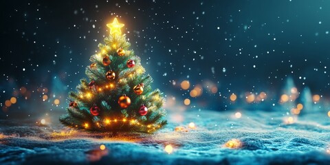 Festive 3D Cartoon Christmas Tree with Holographic Lights and Shimmering Ornaments