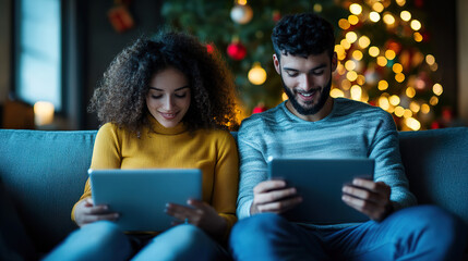 Joyful couple sits on cozy sofa, each using tablet, with beautifully lit Christmas tree in background
