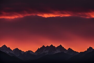 Obraz premium A range of mountains in silhouette with a deep red and orange glowing sky, Ai Generated