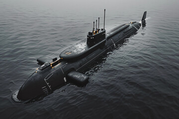 Beautiful large submarine floating in middle of ocean during mission