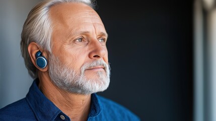 Fototapeta premium Close up Portrait of a Mature Experienced Businessman Wearing Wireless Earphones Thoughtfully Focused and Contemplative with a Serious Expression