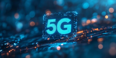 Radiant blue 3D hologram of 5G floating above a softly blurred digital landscape, symbolizing advanced technology and connectivity
