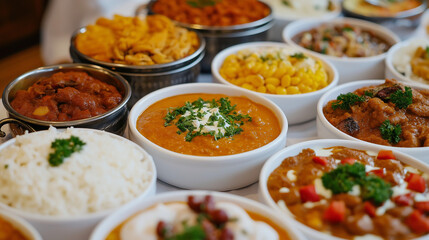 Variety of dishes from different cultures on a table representing gastronomic diversity. Generative AI.