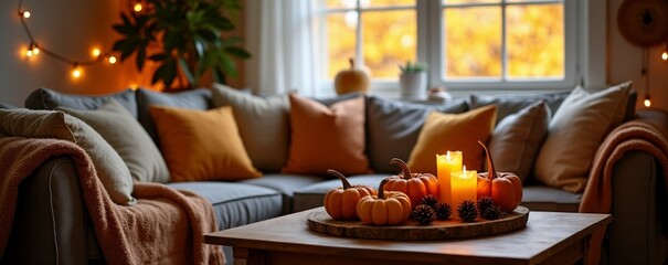 Burning aroma candles, pumpkins and pine cones decor on table. Gray sofa with warm knitted plaid and pillows. Orange bokeh lights. Autumn atmosphere outside the window. Cozy home, living room.