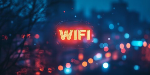 Floating WIFI hologram, softly blurred cityscape backdrop, modern technology meets urban lifestyle, immersive digital experience