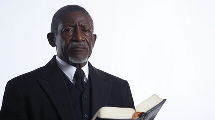 Älterer Mann im formellen Anzug mit offenem Buch für religiöse Studien und Inspiration