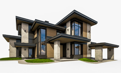 3d rendering of modern two story house with gray and wood accents, large windows, parking space in the right side of the building, daylight, isolated on white