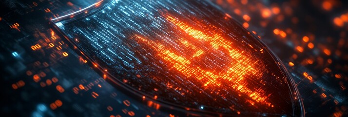 Fiery Shield with Matrix Background, a dynamic 3D representation featuring a protective emblem engulfed in flames and cascading numerical data