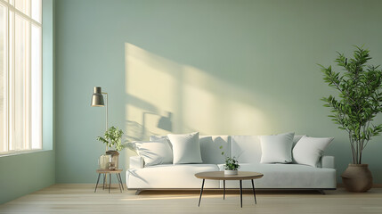 Minimalist living room With modern sofa and coffee table near floor lamp with plant , minimalist decorate with green wall background ,3d render