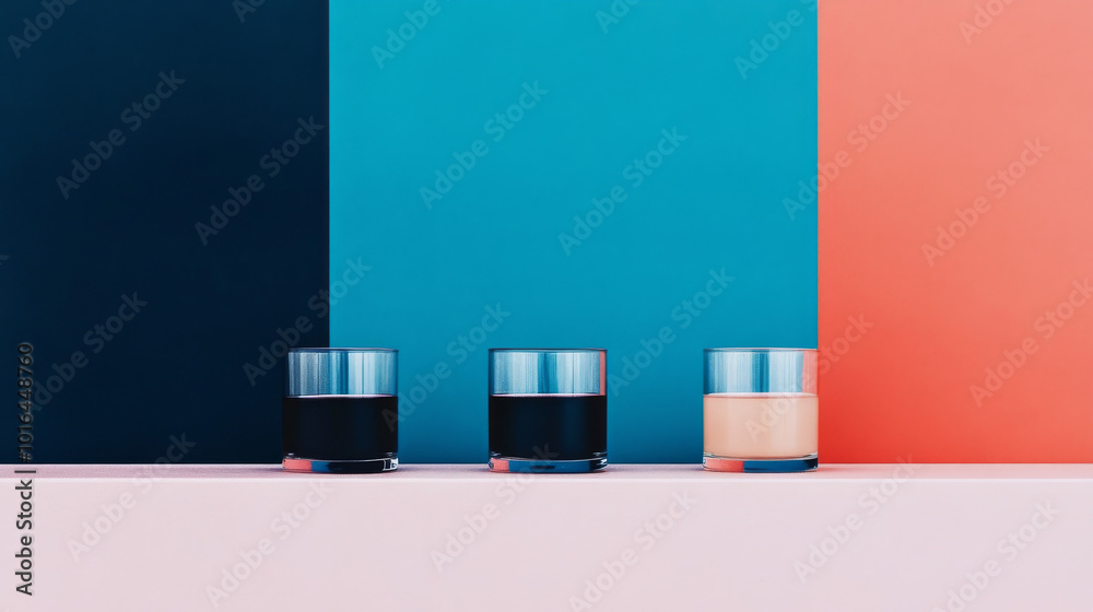 Poster Three glasses filled with different colored liquids sit in front of a blue, teal, and orange background.